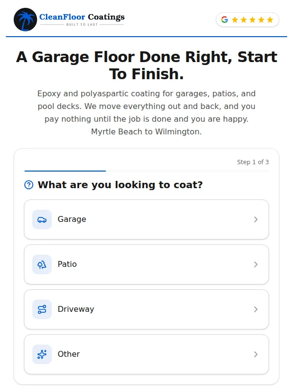 The Clean Floor Coatings landing page Appointly built: a three step form asking what the homeowner wants coated before they can submit their details.