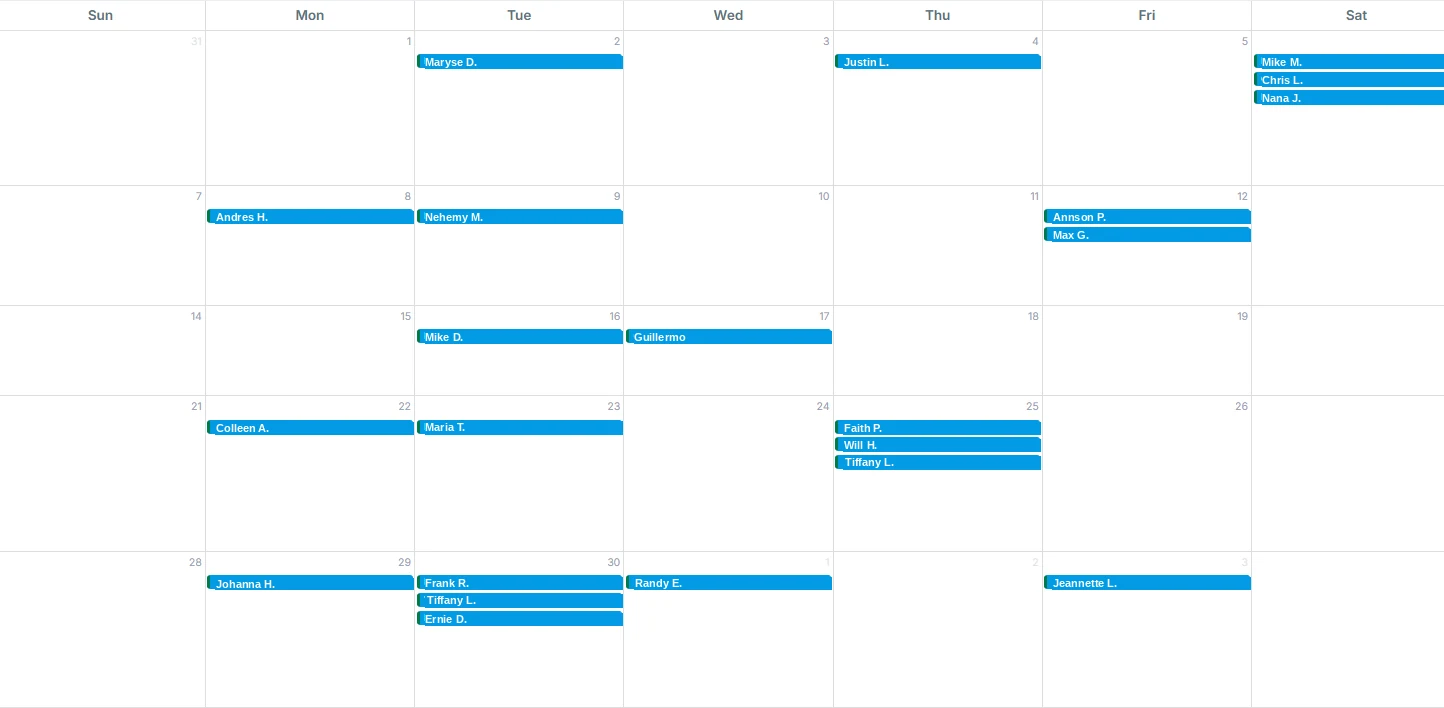 Mark's estimate calendar, one full month. Every blue event is an appointment booked by Appointly. Homeowner names shortened to first name and last initial.