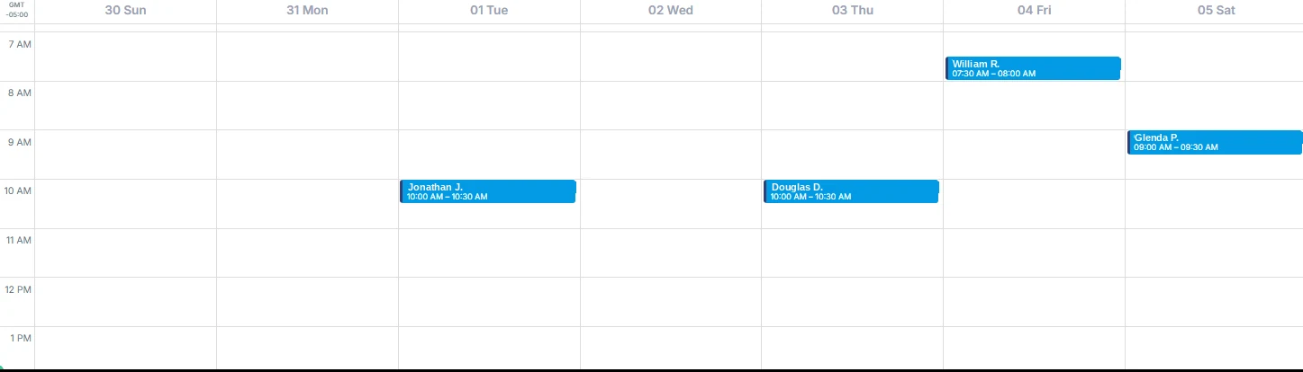 Phil's estimate calendar, week 1. Every blue event is an appointment booked by Appointly. Homeowner names shortened to first name and last initial.