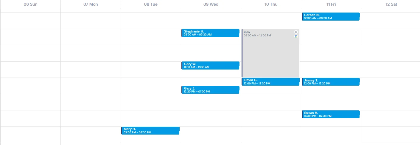 Phil's estimate calendar, week 2. Every blue event is an appointment booked by Appointly. Homeowner names shortened to first name and last initial.