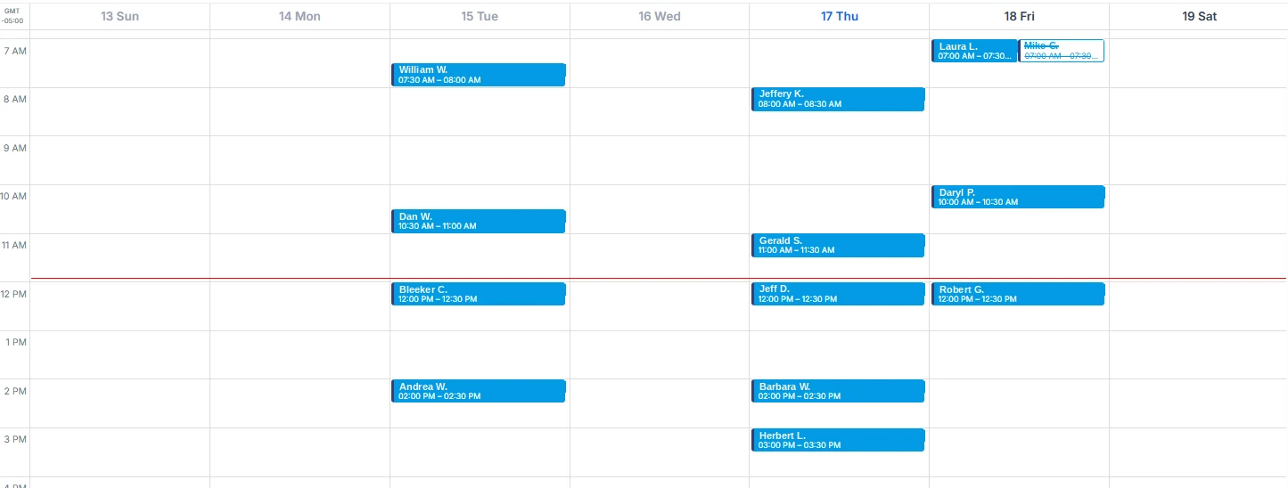 Phil's estimate calendar, week 3. Every blue event is an appointment booked by Appointly. Homeowner names shortened to first name and last initial.