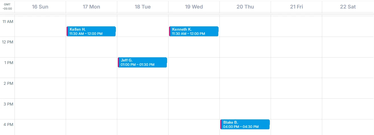 Eric's estimate calendar, week 1. Every blue event is an appointment booked by Appointly. Homeowner names shortened to first name and last initial.