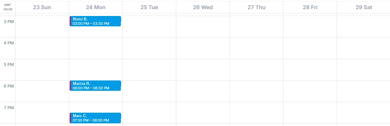 Eric's estimate calendar, week 2. Every blue event is an appointment booked by Appointly. Homeowner names shortened to first name and last initial.