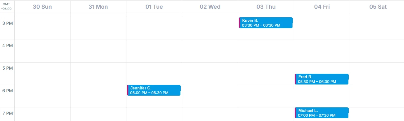 Eric's estimate calendar, week 3. Every blue event is an appointment booked by Appointly. Homeowner names shortened to first name and last initial.
