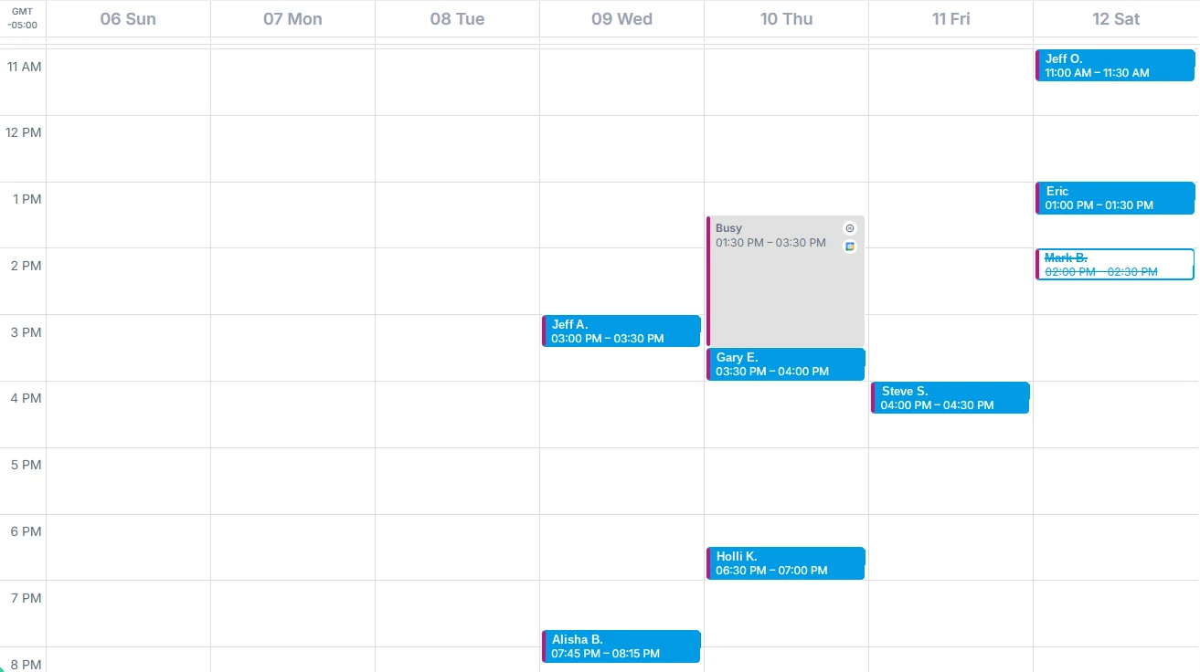 Eric's estimate calendar, week 4. Every blue event is an appointment booked by Appointly. Homeowner names shortened to first name and last initial.